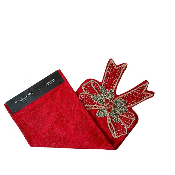 TAHARI Beaded Bow Table Runner 16x90 Christmas Holiday Red Holly Berry New - Picture 11 of 12